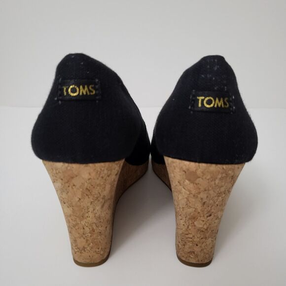 TOMS Michelle Peep Toe Wedge Cork Heels Womens 6.5 M Black Canvas Sandals - Picture 5 of 10